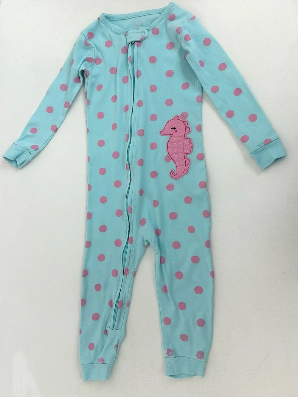 Carter's girl’s  Light Blue One-Piece with Pink Polka Dots, Seahorse.  Size 2T.